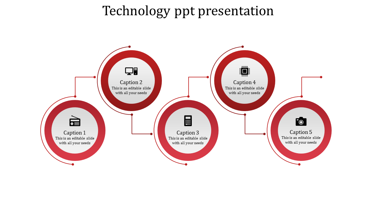 Five Steps Coin Model Technology PowerPoint Template-Red